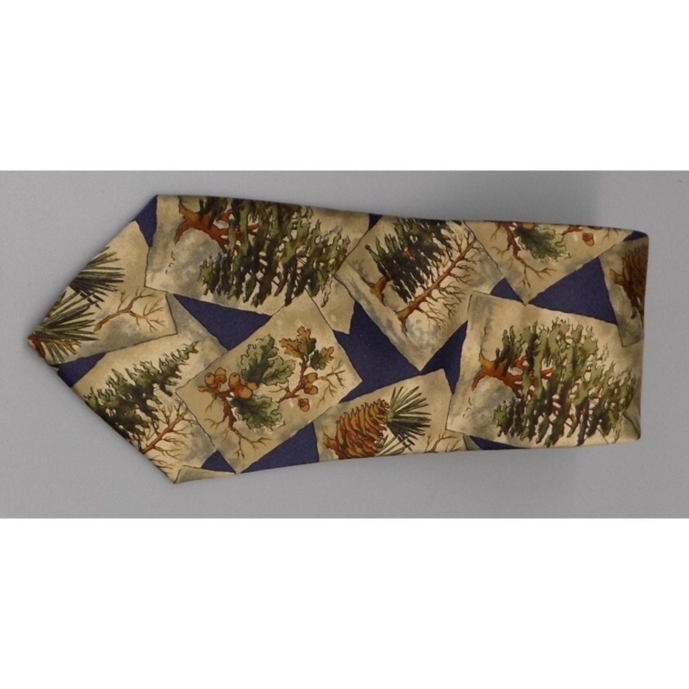 100% Silk Oscar de la Renta Tie Couture Tree Acorn Pinecone Print Hand Sewn USA - Picture 10 of 11